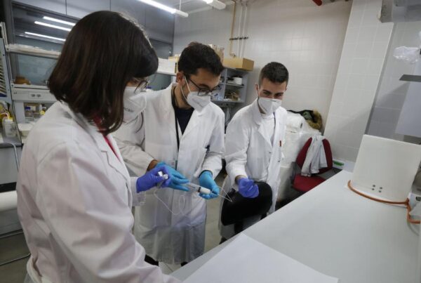 Grupo de investigadores revisando una mascarilla.