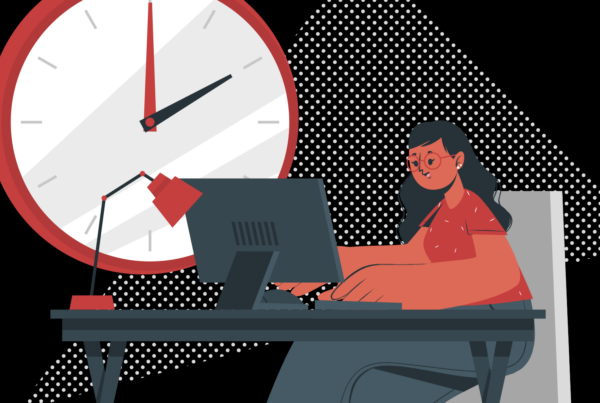 Imagen gráfica de una mujer trabajando con un portátil con un gran reloj blanco de fondo