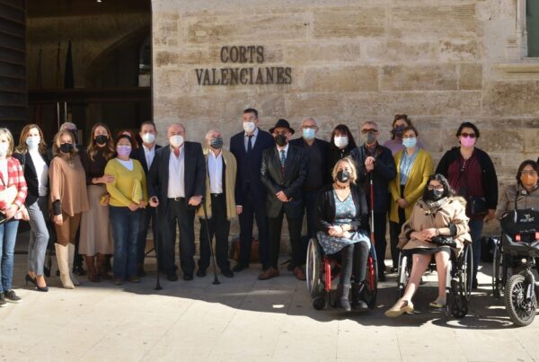 Grupo de personas con discapacidad y representantes de las asociaciones en las puertas del edificio de Cortes Valencianas