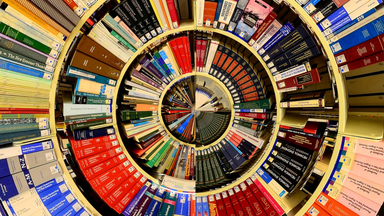biblioteca de forma redonda con muchos libros de diferentes tamaños y colores