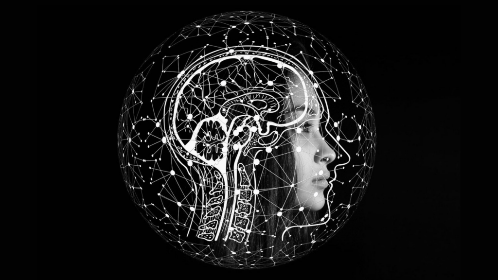 Imagen ilustrativa: cabeza de mujer con una imagen superpuesta con el esqueleto, cerebro y líneas de redes