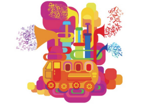 Imagen ilustrativa. Diseño de letras saliendo de altavoces