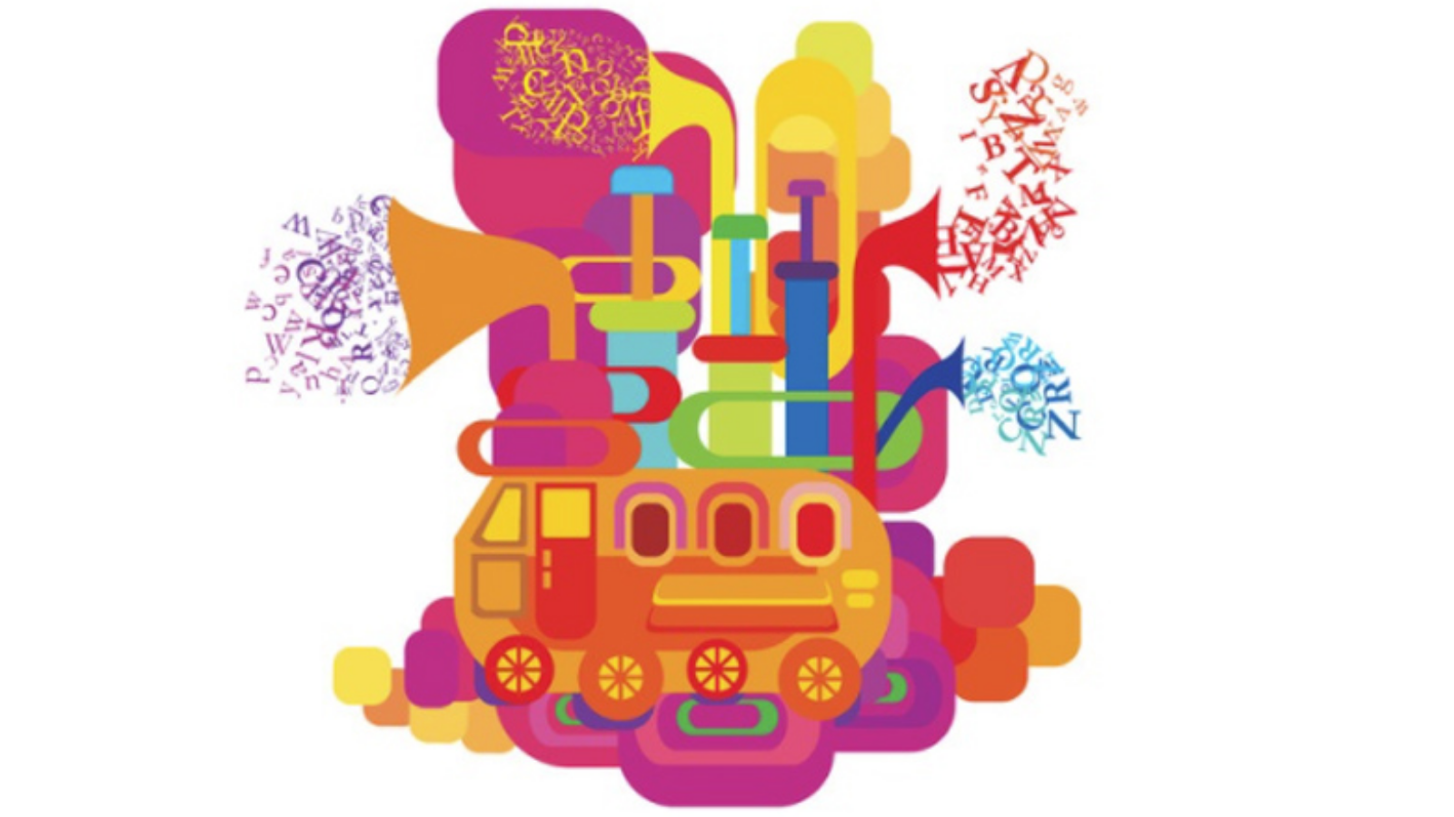 Imagen ilustrativa. Diseño de letras saliendo de altavoces