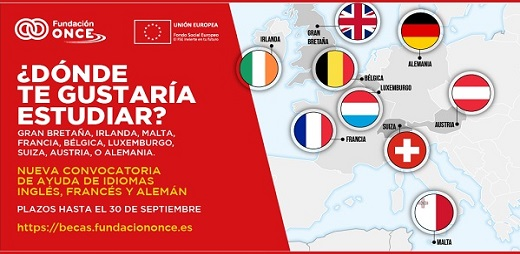 Cartel de la convocatoria del programa de ayudas para aprender idiomas de Fundación ONCE