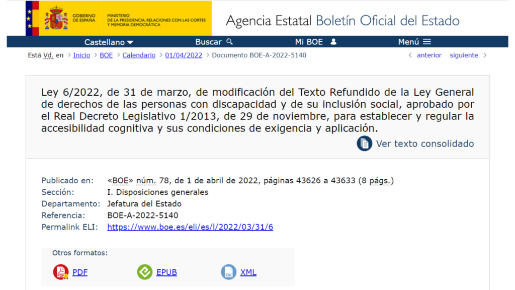 Imagen de la web del BOE donde se publica el texto de reforma de la Ley General de Discapacidad que regula la accesibilidad cognitiva