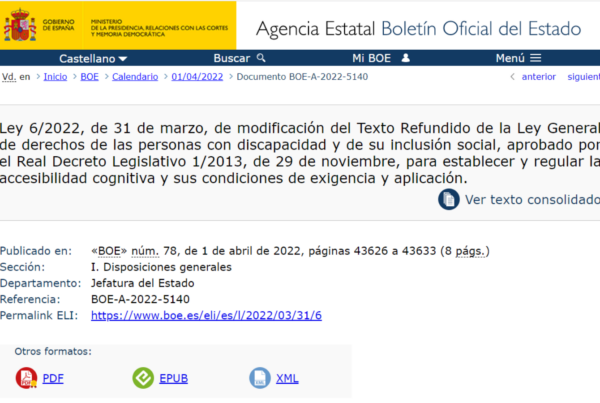Imagen de la web del BOE donde se publica el texto de reforma de la Ley General de Discapacidad que regula la accesibilidad cognitiva
