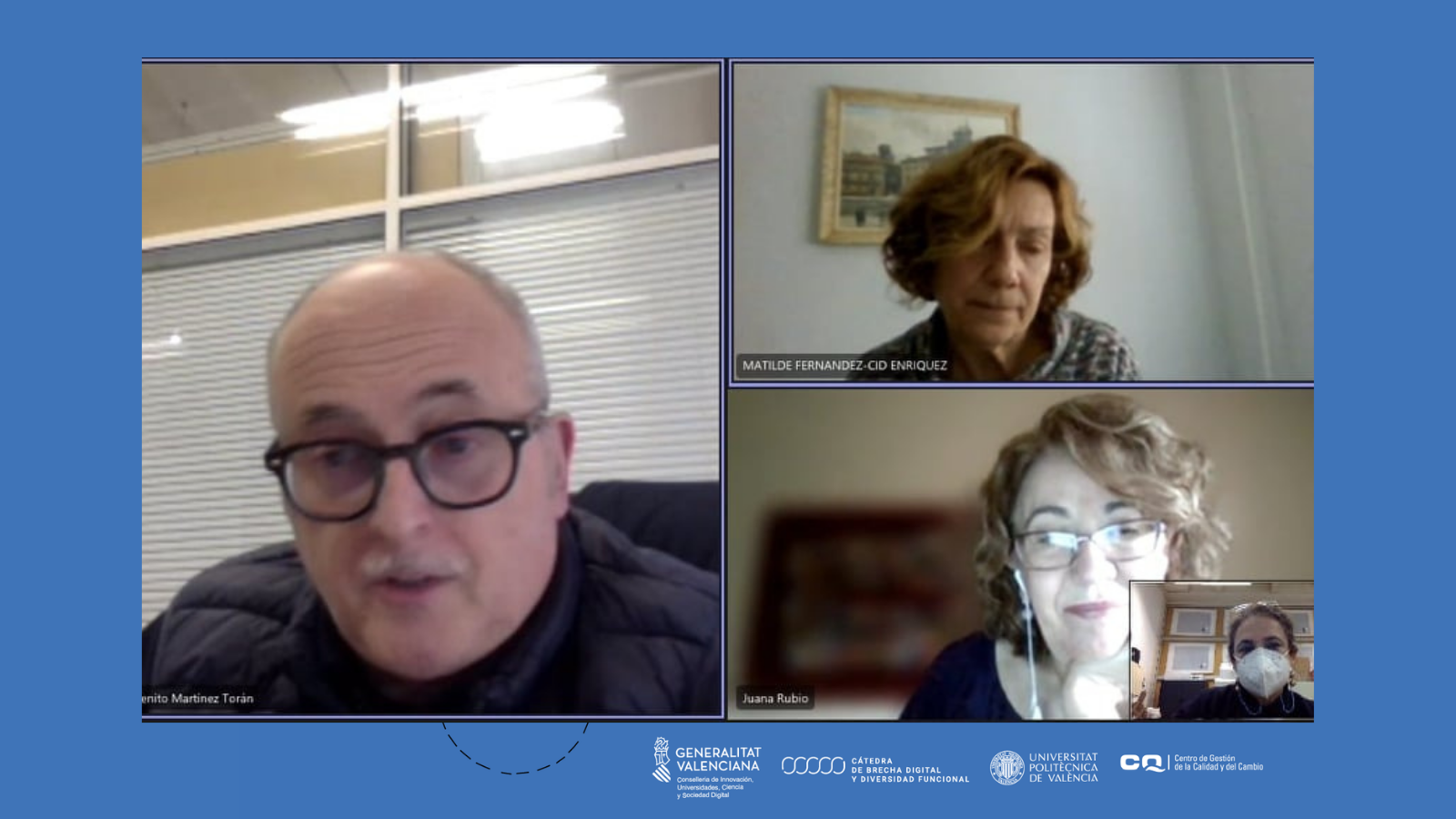 Imagen de la reunión online entre el director de DicaTic y las dos profesoras universitarias que llevan a cabo el proyecto de inserción laboral de mujeres con discapacidad intelectual