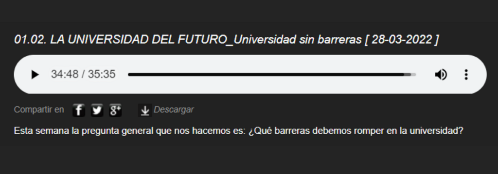 Nombre del programa de radio y del espacio y barra de minutaje de la grabación. Todo ello, en blanco sobre fondo negro
