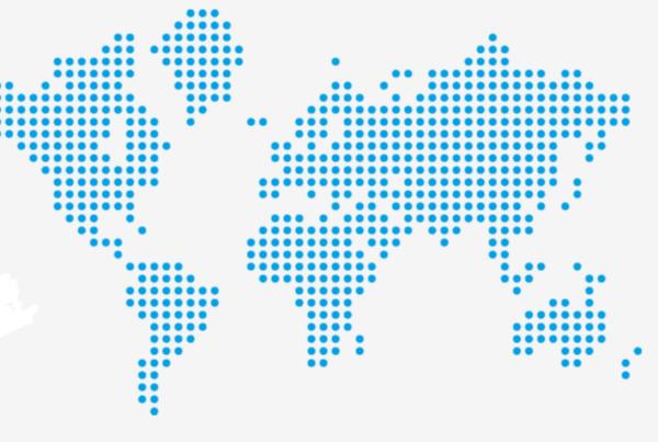Mapa del mundo dibujado con círculos azules, sin distinción de color entre regiones ni países
