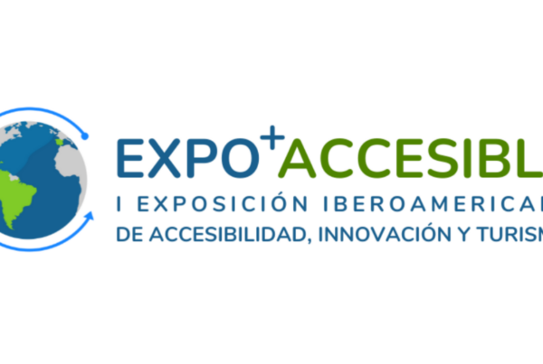 Cartel de Expo Accesible, con el logo compuesto por un globo terráqueo y letras en colores verde y azul