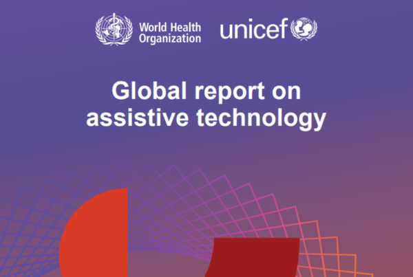 Imagen de la parte superior de la portada del Informe global sobre tecnología de asistencia, elaborado por la Organización Mundial de la Salud (OMS) y UNICEF. Aparecen los logos de las dos organizaciones y el título del informe, en inglés, en color blanco sobre fondo morado.