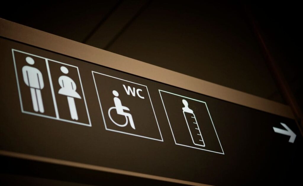 Señalética que indica el acceso a los aseos en un lugar público, como un centro comercial.