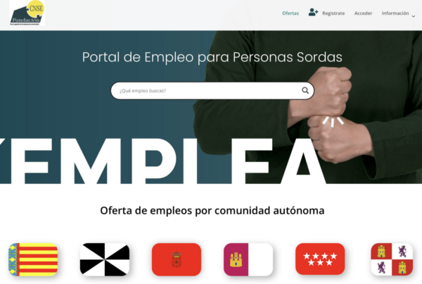 Imagen de la pantalla de la página web Kemplea, con un hombre joven y las banderas de las comunidades autónomas, para facilitar la busca de empleo por regiones.