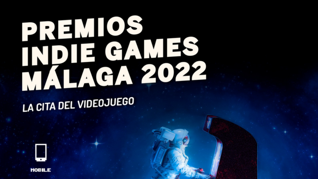 Cartel del festival Indie Games Málaga, con un astronauta jugando con una máquina arcade