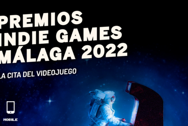 Cartel del festival Indie Games Málaga, con un astronauta jugando con una máquina arcade