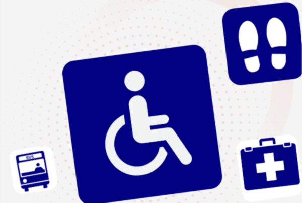 Imagen con varios de los pictogramas recogidos en la biblioteca digital creada por Plena Inclusión: un autobús, una persona en silla de ruedas, dos huellas de zapatos, un maletín sanitario con una cruz blanca
