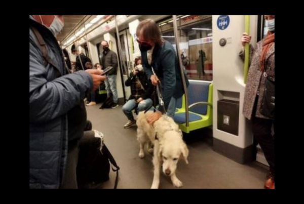 Un hombre invidente con su perro guía en un vagón de metro con otros pasajeros