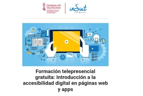 Cartel de la formación telpresencial gratuita 'Introducción a la accesibilidad digital en páginas web y apps', con una creatividad de dos manos manejando una tablet y los logos de la Conselleria de Innovación y de Insuit