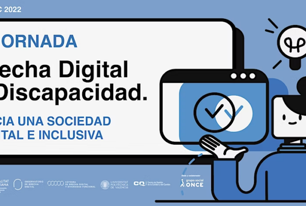 Cartel de la tercera jornada anual de brecha digital y discapacidad de Dicatic, con el lema hacia una sociedad digital e inclusiva. Abajo, los logotipos de la cátedra y del grupo social once