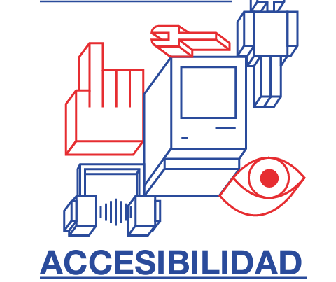 Diseño de la portada de la guía de accesibilidad web. La imagen de portada son dibujos cuadriculados de pantallas de ordenadores, robots, un ojo y una mano