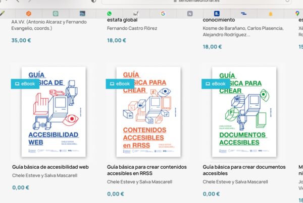 captura de pantalla de la web de la editorial sendema donde aparecen las tres guías de accesibilidad digital publicadas por dicatic