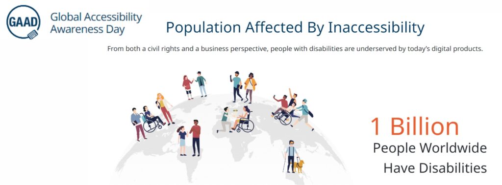 Imagen gráfica ilustrativa de la población mundial con algún tipo de discapacidad: más de mil millones de personas. En el centro, dibujadas, personas con diferentes discapacidades. Arriba, el logo del GAAD. Abajo a la derecha, la información en texto de que mil millones de personas en el mundo sufre algún tipo de discapacidad.