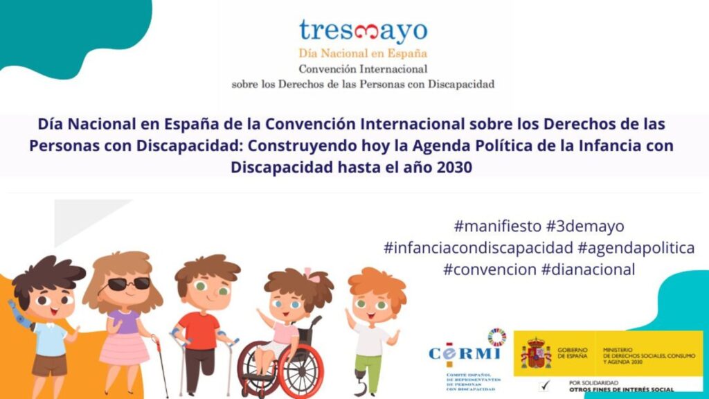 cartel del día de la convención internacional, con el lema de este año. Abajo, dibujos que representan a niñas y niños con diferentes tipos de discapacidad