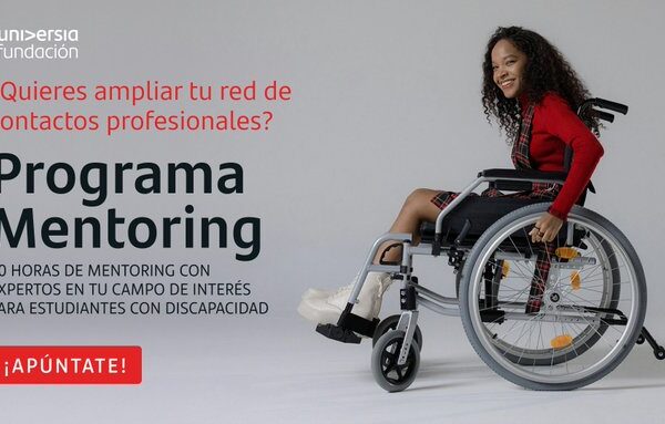 creatividad del programa de mentoring, con la información básica y una chica joven en silla de ruedas