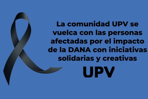 creatividad con un gran lazo negro, el logotipo de la UPV y el texto la comunidad upv se vuelca con las personas afectadas por el impacto de la dana con iniciativas solidarias y creativas