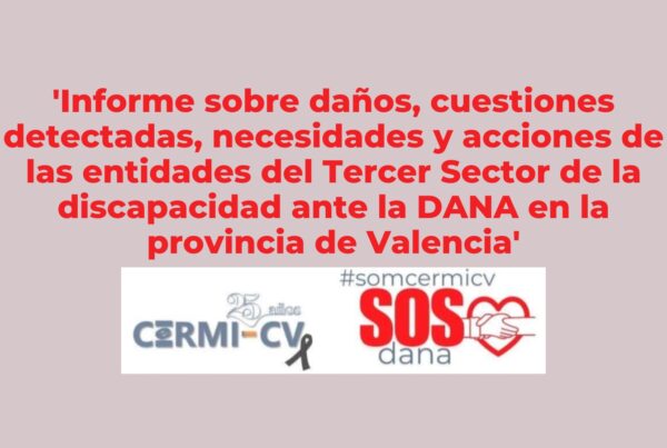 creatividad con el texto informe sobre daños, cuestiones detectadas, necesidades y acciones de las entidades del tercer sector de la discapacidad ante la dana en la provincia de valencia. Abajo, los logotipos del cermi cv y de la iniciativa sos dana del cermi