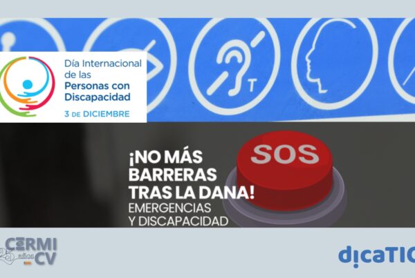 Cartel de la campaña "¡No más barreras tras la DANA!". En la parte superior, hay iconos blancos sobre fondo azul que representan diversas discapacidades: movilidad reducida, visual, auditiva, cognitiva, salud mental y mayores. En el centro, se incluye un botón rojo con "SOS" como símbolo de urgencia, junto al texto principal que enfatiza la importancia de eliminar barreras en situaciones de emergencia. El evento incluye la lectura del manifiesto del CERMI Comunidad Valenciana en el marco del Día Internacional de las Personas con Discapacidad. Se llevará a cabo el 3 de diciembre de 2024, de 12:00 h a 13:15 h, en el Salón de Cristal del Ayuntamiento de Valencia. En la parte inferior se muestran los logotipos de la Generalitat Valenciana, el Ayuntamiento de València y CERMI-CV. El diseño transmite inclusión y sensibilización, con colores llamativos que enfatizan el mensaje de accesibilidad y urgencia.