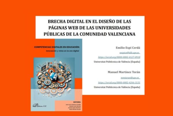 Portada del libro competencias digitales en educación. Incluye, además, imagen de la página en la que empieza el artículo brecha digital en el diseño de las páginas web de las universidades públicas de la comunidad valenciana