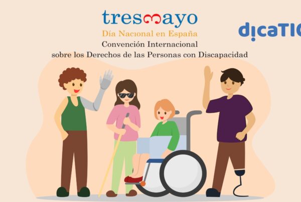 Ilustración por el tres de mayo, día nacional en España de la Convención Internacional sobre los Derechos de las personas con discapacidad. El logotipo del día y de dicatic están en la parte superior. Debajo de ellos, dibujos estilo cómic de cuatro personas con discapacidad, dos chicos y dos chicas. Muestran diferentes tipos de discapacidades.