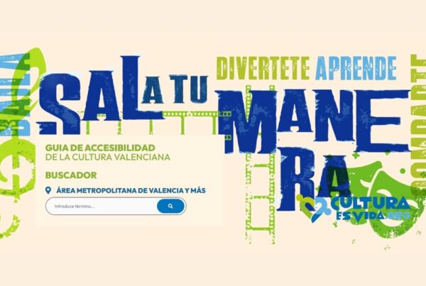 cabecera de la página web de la guía para personas con discapacidad cultura es vida. Aparecn varias palabras vinculadas al contexto cultural, en colores azules y verdes, entrelazadas