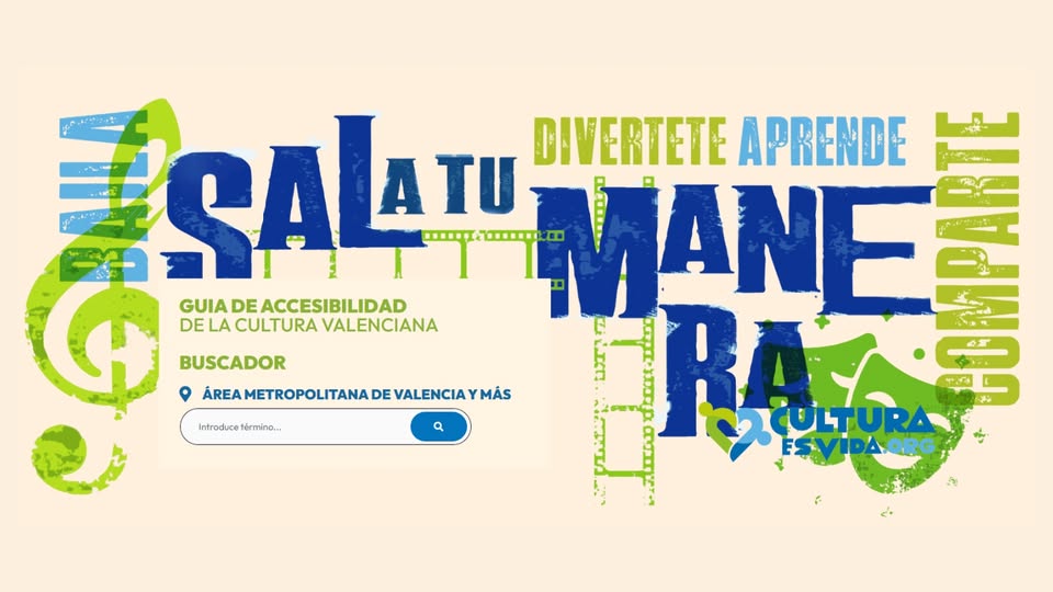 cabecera de la página web de la guía para personas con discapacidad cultura es vida. Aparecn varias palabras vinculadas al contexto cultural, en colores azules y verdes, entrelazadas