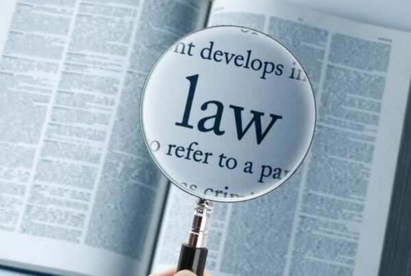 fotografía de un libro de leyes con una lupa que aumenta la palabra en inglés law