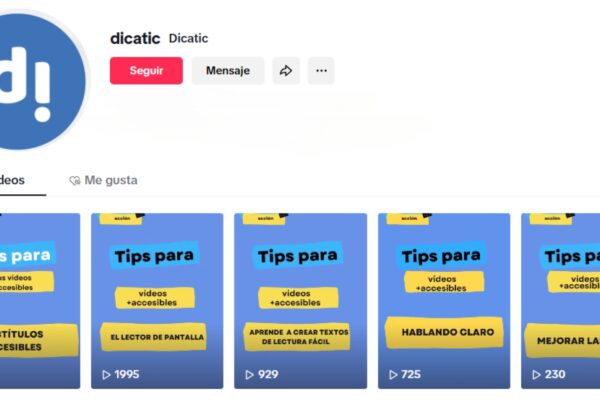 imagen del perfil de dicatic en tiktok. arriba, la imagen y el nombre del perfil, dicatic. Abajo, imágenes de cinco de los vídeos publicados
