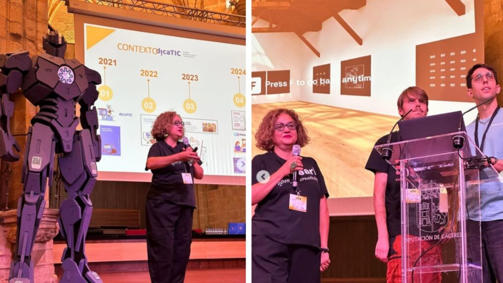 Dos fotografías de chele en el escenario del extremadura digital day, En la primera, está de pie, hablando, junto a un gran robot. En la segunda, acompañada por dos de jóvenes, organizadores del EED