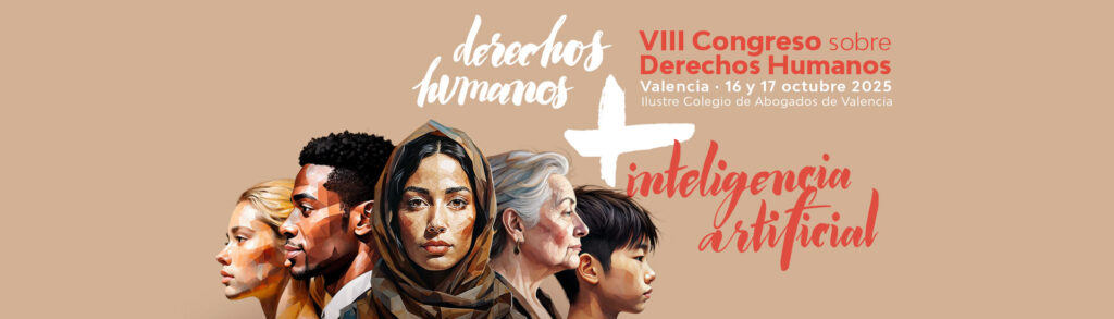 cartel del evento. Hay varias imágenes de cinco personas de diferentes nacionalidades y edades. Tal y como se indica de forma expresa, con un texto, ese diseño se ha generado por un equipo humano que ha usado la ia, entre otras herramientas. A la derecha, aparece el título del congreso, laf echa y los logotipos de fundación mainel y del ajuntament de valencia.