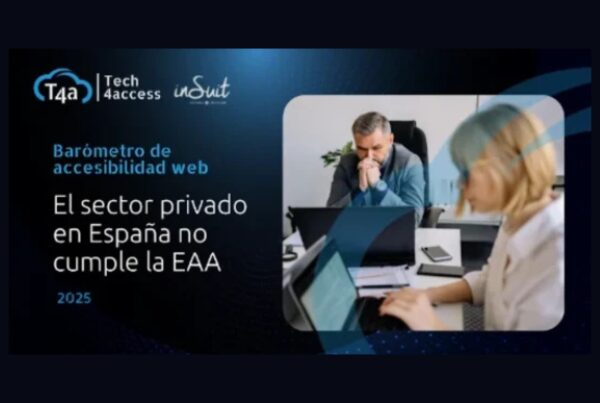 Portada del barómetro. Arriba, aparecen los logotipos de techforacces e insuit. En el centro, el texto "el sector privado en España no cumple la EAA". A la aderecha, fotografía de dos personas, un hombre y una mujer, trabajando en sus portátiles