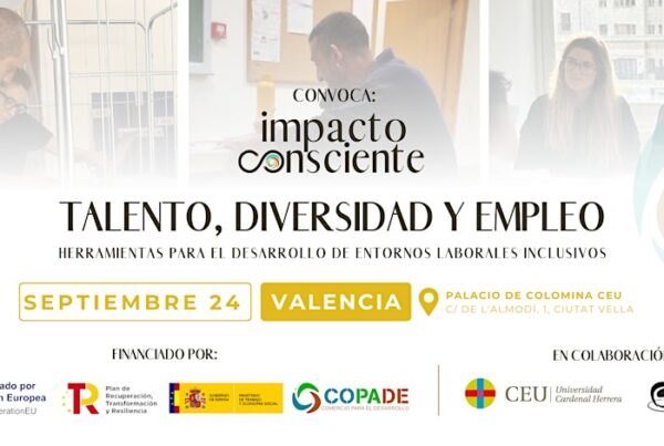 cartel del evento. Aparece el logotipo de impacto consciente, el titulo de la guía, la fehca y lugar y, abajo, los logos de las entidades colaboradoras. De fondo, tres fotografías desdibujadas de personas con discapacidad realizando diferentes trabajos profesionales