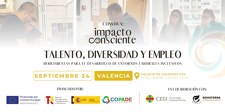 cartel del evento. Aparece el logotipo de impacto consciente, el titulo de la guía, la fehca y lugar y, abajo, los logos de las entidades colaboradoras. De fondo, tres fotografías desdibujadas de personas con discapacidad realizando diferentes trabajos profesionales