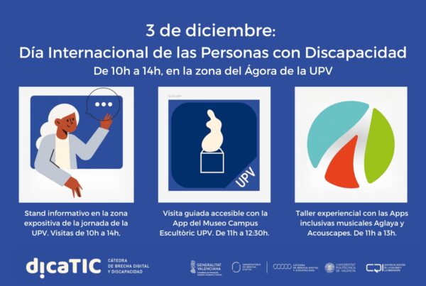 Cartel con la información de la participación de dicatic, dividida en tres partes: stand, visita al campus escultórico y taller con las aplicaciones de creación musical