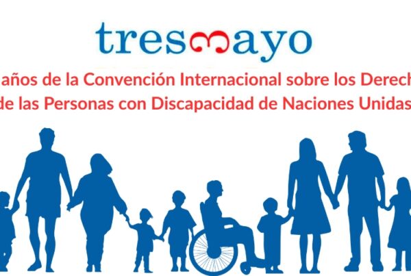 cartel del día mundial de la convención, destacando que es su 20 anivesario. En la parte de arriba, incluye el logo del CERMI para el tres de mayo. Y en la parte de abajo, una ilustración con personas con diferentes tipos de discapacidad que se están dando la mano.