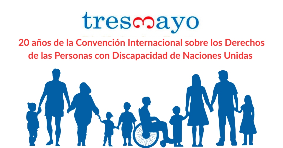 cartel del día mundial de la convención, destacando que es su 20 anivesario. En la parte de arriba, incluye el logo del CERMI para el tres de mayo. Y en la parte de abajo, una ilustración con personas con diferentes tipos de discapacidad que se están dando la mano.