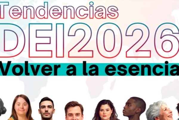portada del informe. Arriba, el texto tendencias DEI 2026. Volver a la esencia. Abajo, se ven las caras de diferentes personas diversas tanto en raza como en edad, género y con y sin discapacidad.