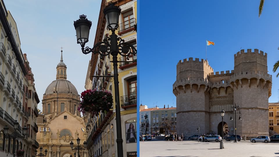 dos fotografías, de las ciudades galardonadas: a la izquierda, calle de zaragoza. A la derecha, las torres de quart de valencia