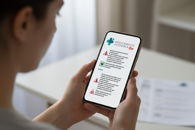 una persona joven utilizando la app medicamento accesible. Está mirando la pantalla mientras escucha la información de uno de los medicamentos incluidos.