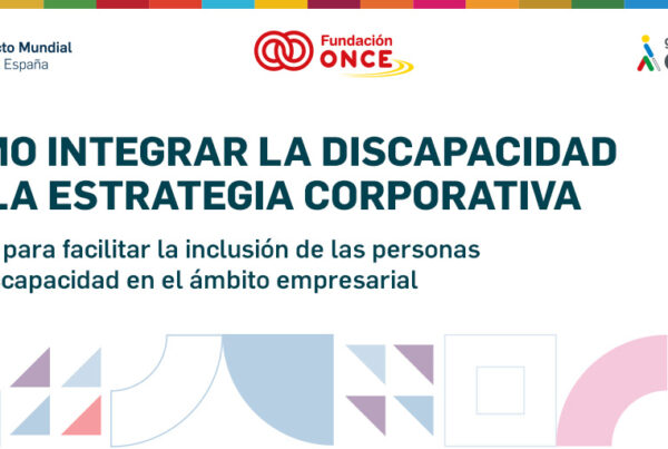 Imagen de la portada de la publicación cómo integrar la discapacidad en la estrategia corporativa. Toolkit para facilitar la inclusión de las personas con discapacidad en el ámbito empresarial. Arriba, los logotipos de las tres entidades que lo han realizado: pacto mundial de la onu españa, Fundación once y el grupo social once
