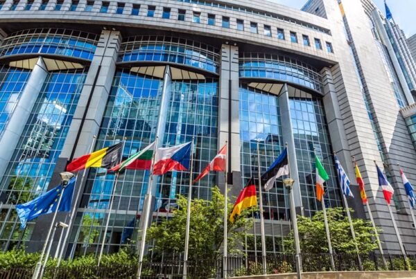 fotografía del parlamento europeo. Se ve la fachada con varias de las banderas de los países miembros de la UE.